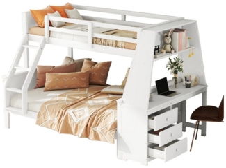 SOFTWEARY Etagenbett mit 2 Liegeflächen, Schreibtisch und Rausfallschutz (90x200 cm/140x200 cm), Jugendbett, Kiefer