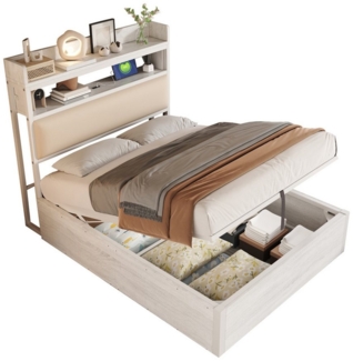 BlingBin Polsterbett Hydraulisches Funktionsbett Jugendbett Stauraumbett mit USB-Anschluss (Bettrahmen mit Gepolstertem Kopfteil, Retro-Holz- und Metalldesign, Versteckte Stauraumschicht, 1-tlg, 90 x 200cm, Ohne Matratze, Gewichtskapazität: 200KG), Mod...