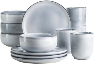 Frhstcksgeschirr Set fr 4 Personen mit henkellosen Kaffeebechern, moderne nordische Formen, 12-teiliges Service; Blau