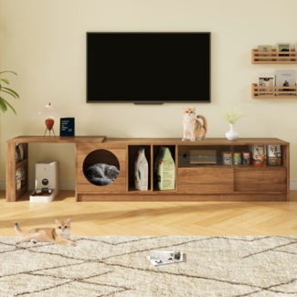 Merax 180cm TV-Schrank, haustierfreundlich, mit Katzenruhebereich, Stauraum, temperierten Glas-Türen, Nussbaum