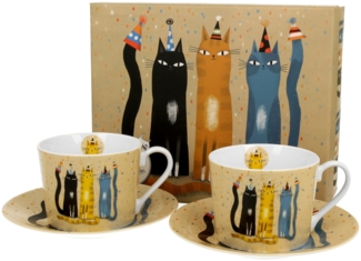 DUO ANIMALS 2er-Set Tassen 230 ml CAT'S WORLD – PARTY mit Untertassen, New Bone China Porzellan