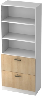 bümö office Aktenschrank mit Hängeregister-Schubladen abschließbar, Büroschrank Holz, 80cm breit in Weiß/Eiche - Hängeregistratur für Hängeordner, Büro Schrank mit Relinggriffen, 7300-W-E-SG