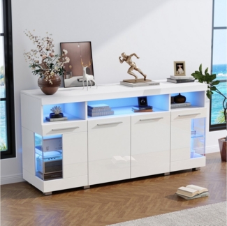HAUSS SPOLE Sideboard Hochglanz mit LED Licht, Seitenschrank aus Glas mit 3 Fächern Weiß (Beistelltisch Kommode, Anrichte, 1 St, 9 Fächern), mit LED Licht