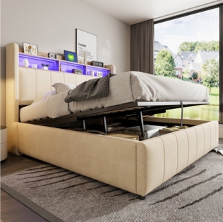 Flieks Polsterbett, LED hydraulisches Doppelbett 160x200cm mit USB-Aufladen und Stauraum