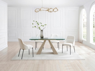 Vente-unique - Esstisch ausziehbar - 6 bis 10 Personen - Sicherheitsglas & beigefarbenes Metall - Transparent - LOZIPA von Maison Céphy