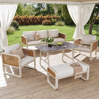 Merax Gartenlounge-Set für 6-7 Personen, PE-Rattan Sitzgruppe inkl. Beistelltisch, Gartensofa mit waschbaren Kissen, Beige