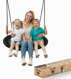 SereneLife Nestschaukel Schwarz 100 cm – Runde Hängeschaukel für Kinder & Erwachsene mit gepolstertem Rahmen & wetterfestem Stoff Für Garten & Zimmer, 270 kg tragbar, Spielspaß & Entspannung