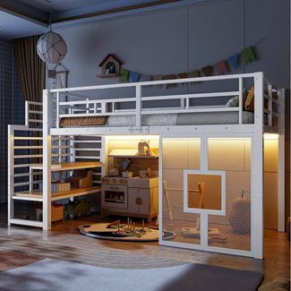 Odikalo Hochbett Kinderbett Jugendbett 90x200 mit LED und Stauraum (90x200 cm großes Metall-Hochbettgestell mit Treppe, Stauraum, LED-Beleuchtung und Fenstern, Schwarz / Weiß)