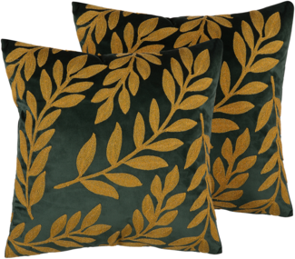 Kissen 2er Set Pflanzenmuster MISTLETOE Samtstoff 45 x 45 cm Gold Grün