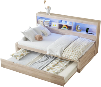 Massivholzbett mit Gästebett, 90x200 cm, Einzelbett mit LED-Beleuchtung, Mehrfachsteckdose und Lattenrost, Jugendbett