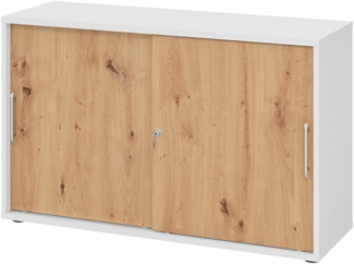 bümö Schiebetürenschrank 2OH - Aktenschrank abschließbar, Sideboard Schrank mit Schiebetüren in Weiß/Asteiche, Relinggriff - Büroschrank aus Holz mit Schiebetür, Büro Kommode für Ordner & Co, 1752S-W-R-RE