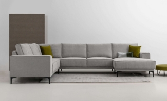 Places of Style Wohnlandschaft XXL Sofa Oland, Struktur, Flachgewebe, Luxus-Microfaser, Boucle, U-Form, 342 cm, Wellenunterfederung, Skandi-Design, Metallfüße