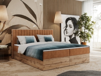 Boxspringbett mit dekorativem Kopfteil und zwei Bettkästen, Eiche Holzrahmen - ALBERO 4 - 180x200 cm - Orange Stoff - H4