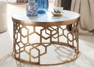 FINEBUY Couchtisch FB82239 (Echter Marmor Weiß / Gold 60x60x36 cm Rund), Sofatisch Metall, Wohnzimmertisch Modern