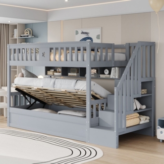 Merax Etagenbett mit hydraulischem Unterbett (1-St, Stockbett Jugendbett Doppelbett Hochbett aus Massivholz), Kinderbett 90x200cm mit Stauraumtreppe, Regalen & Sicherheitsgeländer