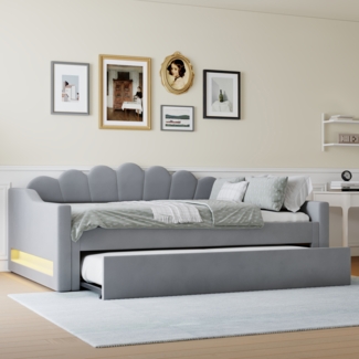 Gepolstertes Tagesbett, 140 x 200 cm, mit LED-Gürtel und Ausziehbett，Grau, 140 x 200 cm