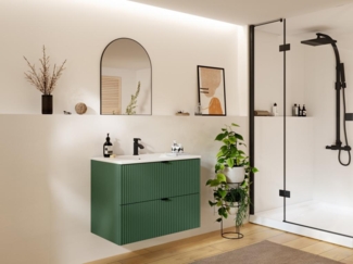 Vente-unique - Waschbeckenunterschrank hängend mit Einbauwaschbecken - Streifenoptik - Grün matt - 80 cm - ZEVINI