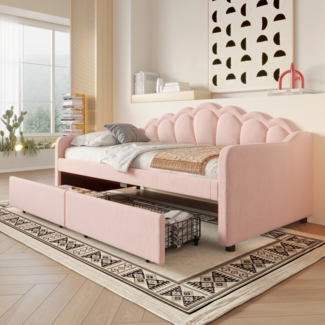 Tagesbett mit Schubladen & LED-Lichtleiste mit Fernbedienung, gewelltem Kopfteil, Stauraumfunktion und Farbwechsel-Licht, Rosa