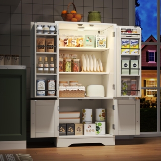 Merax Küchenschrank mit LED-Sensorlicht, großer 4-türiger Aufbewahrungsschrank mit verstellbaren Regalböden & Türablagen, weiß