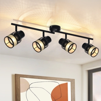 ZMH Deckenleuchte 4 Metallspots E27 Max. Lampenschirm aus Stoff, Vintage, Schwarz, 330°, Gold, 25 W, für Wohnzimmer, Küche, Treppe, Esszimmer