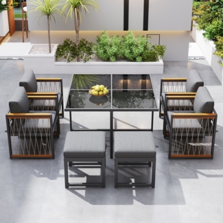 LVHOM 7-tlg. Garten-Essgruppe, Gartenmöbel Set mit Kissen, Gartenlounge-Set Akazie, Sitzgruppe Polyrattan, Loungeset Balkonset für 6 Personen