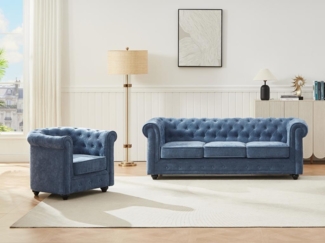 Vente-unique - Sofa 3-Sitzer & Sessel - Stoff - Blau - CHESTERFIELD