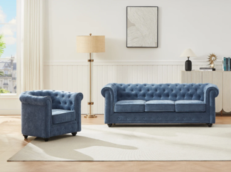 Vente-unique - Sofa 3-Sitzer & Sessel - Stoff - Blau - CHESTERFIELD