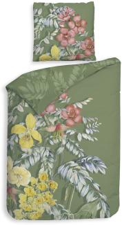 Heckett & Lane Mako-Satin Bettwäsche 135x200 Jean Green Blüten Tropic grün gelb