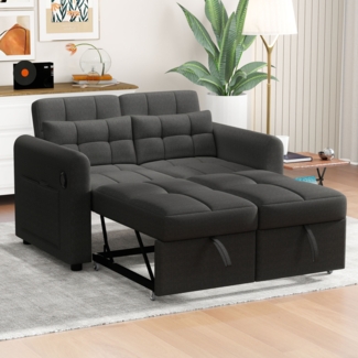 Merax Sofa, Schlafsofa, 3-in-1-Ausziehsofa mit verstellbarer Rückenlehne, USB, Armlehnentaschen und Kissen, grau