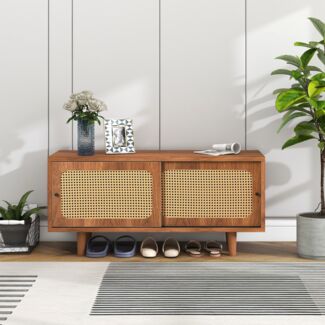 Schuhschrank B 104 x T 40 x H 48 cm aus Spanplatte in Walnuss mit Rattan-Optik, 2 Türen