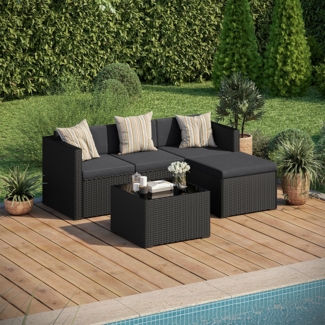 STEELSØN 'Zethora' Polyrattan 3er-Sitzgruppe (3er-Sofa, Hocker, Tisch), schwarz/anthrazit