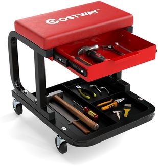 Rollender Werkstatthocker mit 185 kg Tragfähigkeit gepolsterter Mechanikersitz mit Schublade Rot