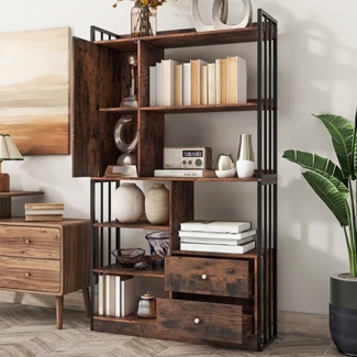 Merax Bücherregal, 6 Regal Bücherregal mit mit Türen und Schubladen Boden bis zur Decke Bücherregal, industrielle Bücherregal, Stahlregal, antik braun