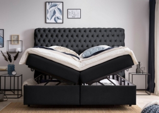BettCo Stauraumbett Boxspringbett mit Bettkasten Valencia (in Schwarz Velours, 200 x 200 cm), Chesterfield Design, Schwebeoptik Füße, Topper optional