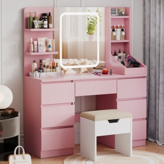 HOMALL Schminktisch Schminktisch mit Spiegel und LED Mit 7 Schubladen und 8 Ablagefächern (Größe: 110*40*139 cm Einstellbare drei Farbtemperaturen, um Ihr perfektes Make-up zu präsentieren)