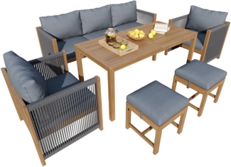 Gartenlounge-Set, 3er-Sofa, 2 Einzelsofas, 2 Hocker, Esstisch, mit Bequemes Sitzkissen, Akazien-Tischplatte