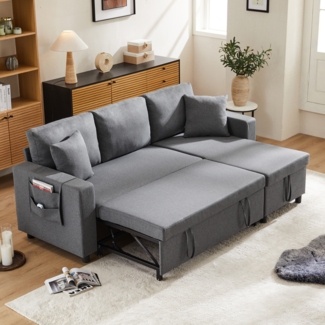 Schlafsofa mit Chaiselongue umwandelbar Bettsofa mit Stauraum Leinenstoff 3-Sitzer Sofa mit Kissen Wohnzimmer,Dunkelgrau