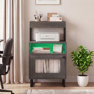 COSTWAY Nachttisch (2-St), Nachtschrank, LED Beistelltisch mit Schrank & Tür