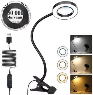 PRIISF Klemmleuchte LED Lupenleuchte Klemmbar Arbeitsplatzlampe Lupe mit Licht und Ständer, Touch-Dimmbar, 5X Dioptrien Lupenleuchte Buchlampe Lupenlampe Ringlicht 360° Flexibel, Schwanenhals Lampe 3 Einstellbare Farben und 10 Helligkeitsstufen, für Di...