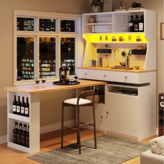 Flieks Buffet Küchenschrank Küchenbuffet mit 360° drehbar Esstisch (Buffetmaße: 119,2x44,8x177,7 cm, Tischplattemaße: 137x59 cm, 2-St, mit Acryl-Schiebetür und Schubladen) Hochschrank mit LED-Beleuchtung & Stecktafel, Arbeitstisch mit Ablagen