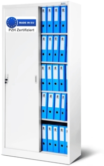 Aktenschrank abschließbar ROLF - Schiebetüren, 5 Ebenen | Büroschrank aus Stahl Metallschrank Werkstatt Mehrzweckschrank Werkzeugschrank, 185x90x40cm Weiß