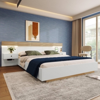 REDOM Massivholzbett Doppelbett Holzbett (Kiefernholz Doppelbett 2 Nachttische mit LED und Steckdose, 2 Nachttischen Schlafzimmer Komplett), 180x200 cm