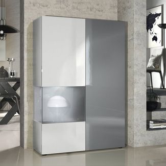 Vladon Vitrine Kommode Hochschrank Morena, Korpus in Weiß matt / Rechte Tür und der Einsatz in Grau Hochglanz, inkl. LED Beleuchtung