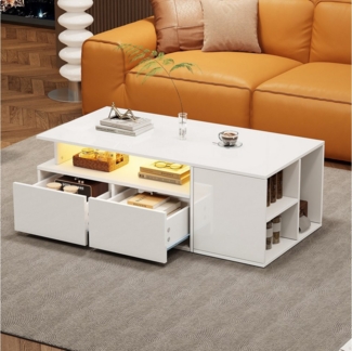 MODFU Couchtisch mit LED-Lichtsteuerung und Hochglanzoberfläche (Beistelltisch, Sofatisch, 1-St, Doppelschubladen und seitliche Aufbewahrung), Wohnzimmertisch mit Hochglanzoberfläche
