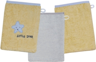 Wörner Waschhandschuh Little Star Waschhandschuh 3er Set, (3-St), 1x mit Stickerei Stern mit Schriftzug, 2x unifarben