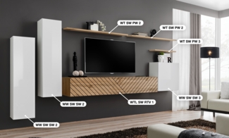 Wohnwand Switch Lamel I mit Weißen Hochglanz Fronten und geriffelte Wotan Fronten 330 x 160 cm 7-teilig