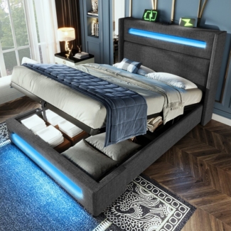 TavilaEcon Boxspringbett Modernes LED-Bett mit Ladestation und USB/Type-C-Anschlüsse, hydraulischer Stauraum, leinenimitat-Optik, Grau/Beige