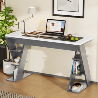 Merax 120cm Schreibtisch, Schreibtisch mit X-förmiger Halterung, Lagerregal mit sechs Positionen, Grau + Weiß