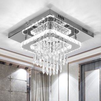 LETGOSPT Deckenleuchte Kristall LED Deckenleuchte Kristalllampe K9 Edelstahl 36W Deckenlampen, LED fest integriert, Kaltweiß, Warmweiß, Moderne Unterputzleuchte,Quadratische Glanz Deckenleuchte,30x30x12cm