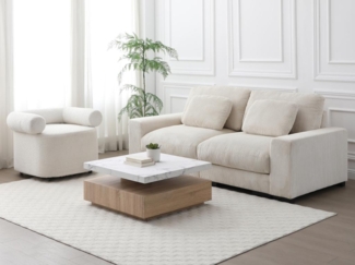 Vente-unique - Couchtisch drehbar - 1 Schublade - MDF - Marmor-Optik Weiß & Holzfarben - KYRIA